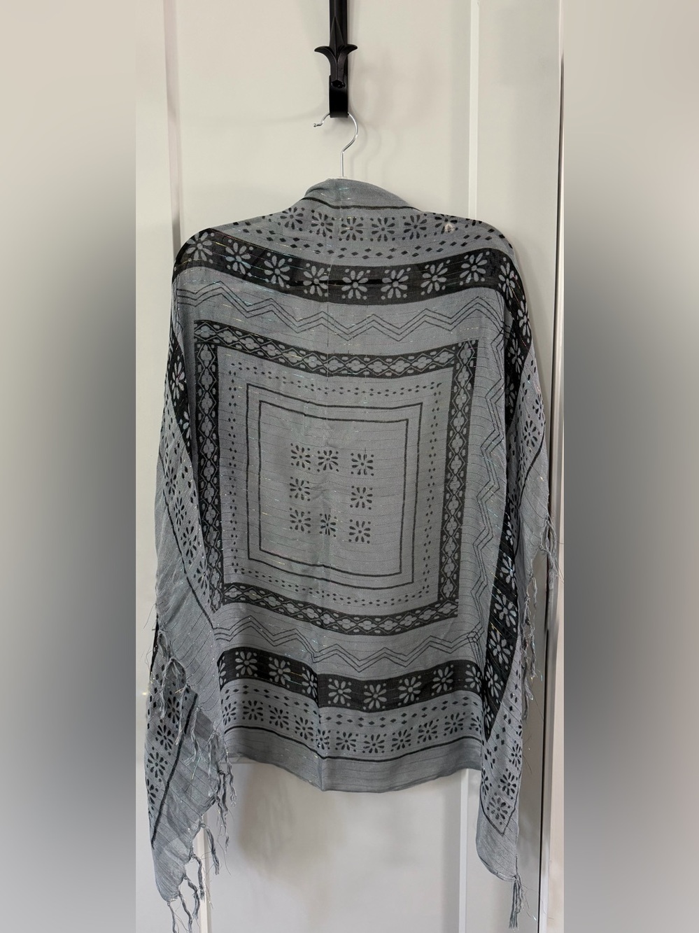Gray with Black Flower Pattern and Colorful Metallic Threads Scarf/Shawl/Wrap